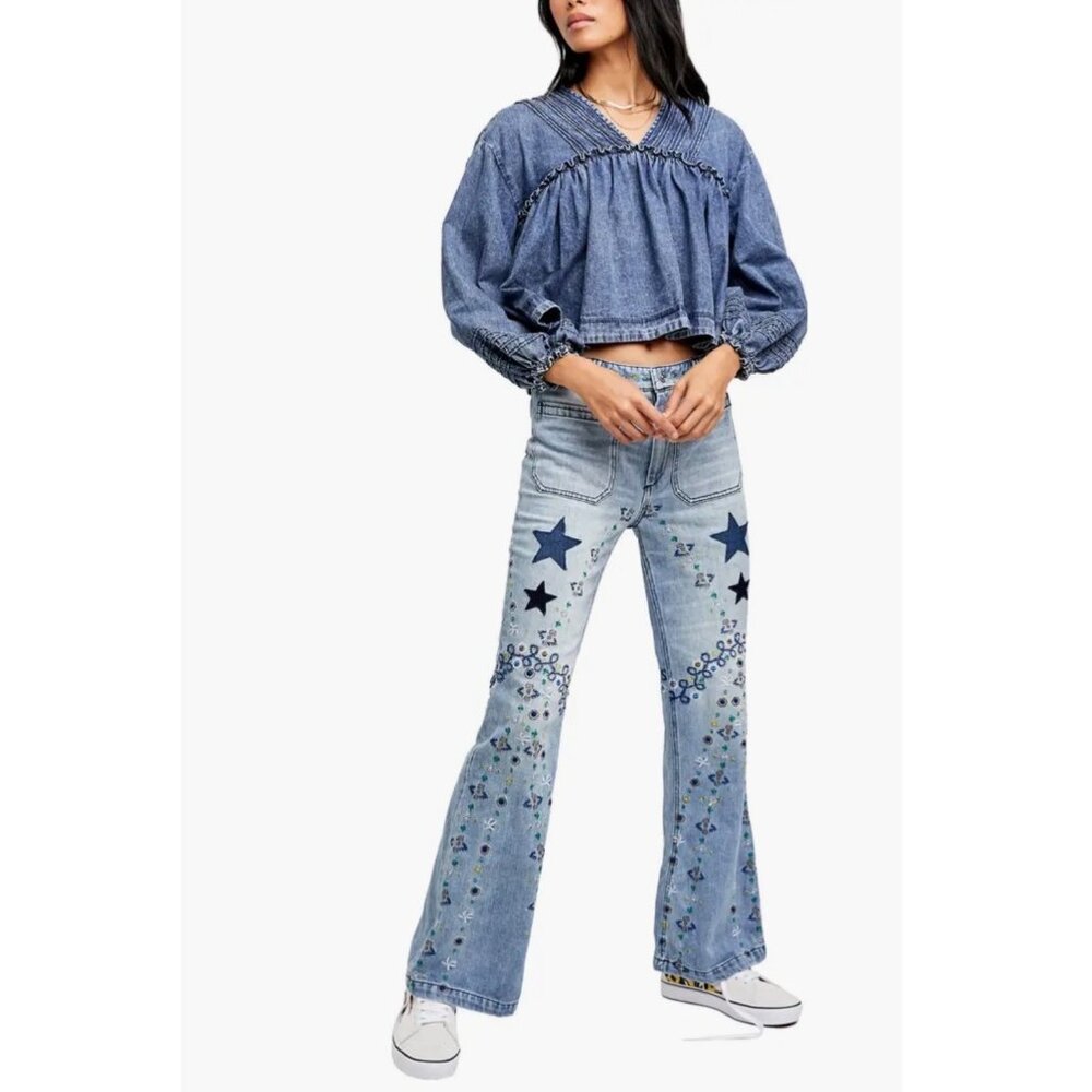 Free People Embroidered Denim Star & Floral Flared Leg High Rise Jeans | Boho 25 - Picture 14 of 16